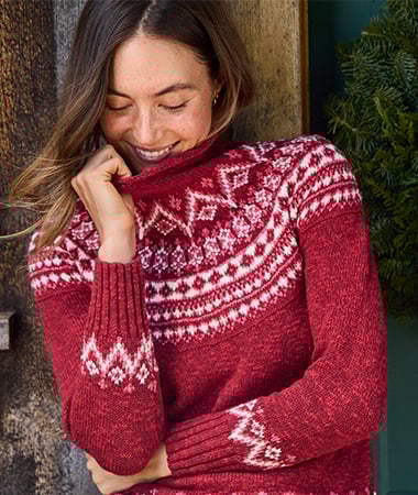 Women's Cotton Ragg Sweater, Funnelneck Pullover Fair Isle
