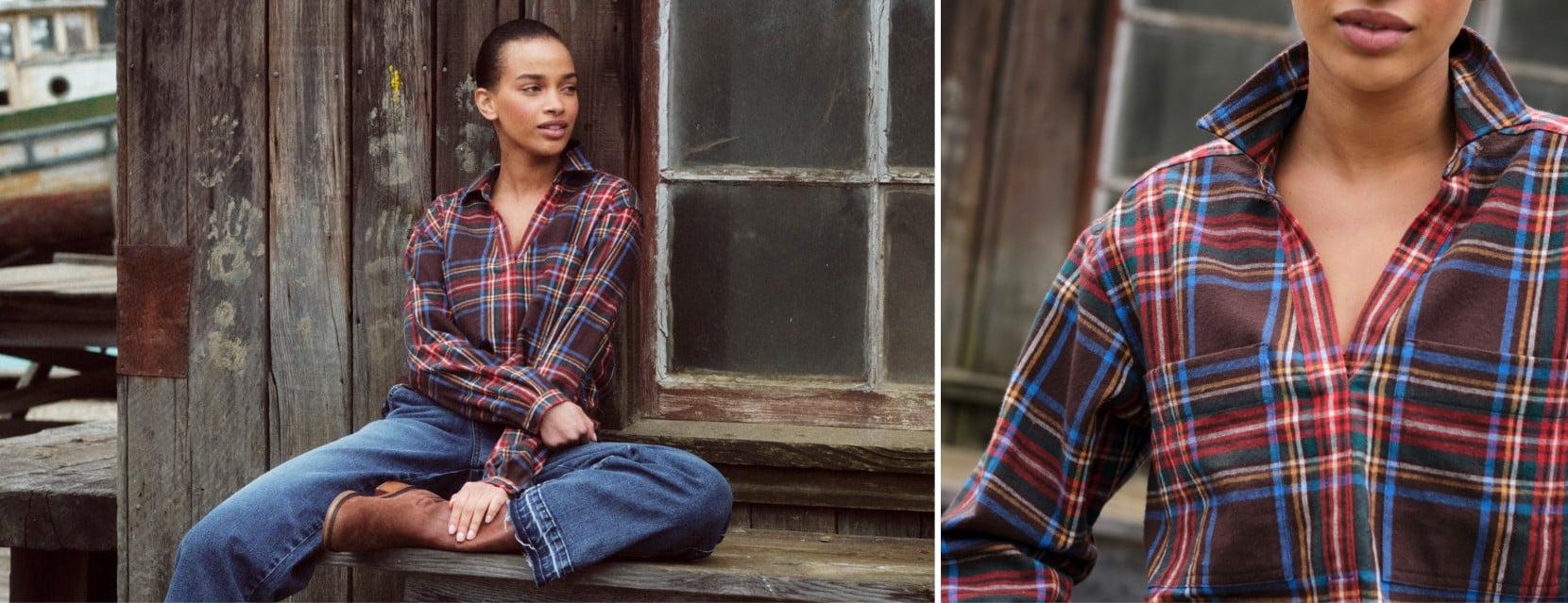 Person in a plaid shirt and jeans sitting outside on a weathered wooden ledge beside a rustic building.