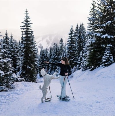 A woman outside on snowshoes, arm outstretched above a dog standing on hind legs.