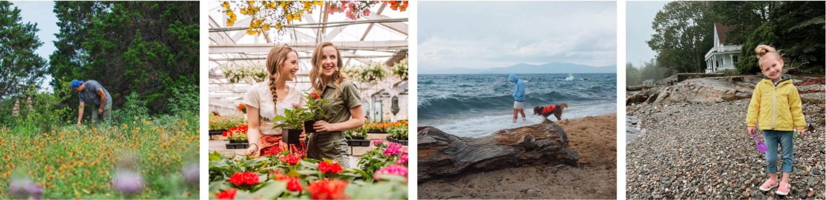 4 images of people enjoying the spring outdoors at the ocean, in a flower field and a greenhouse.