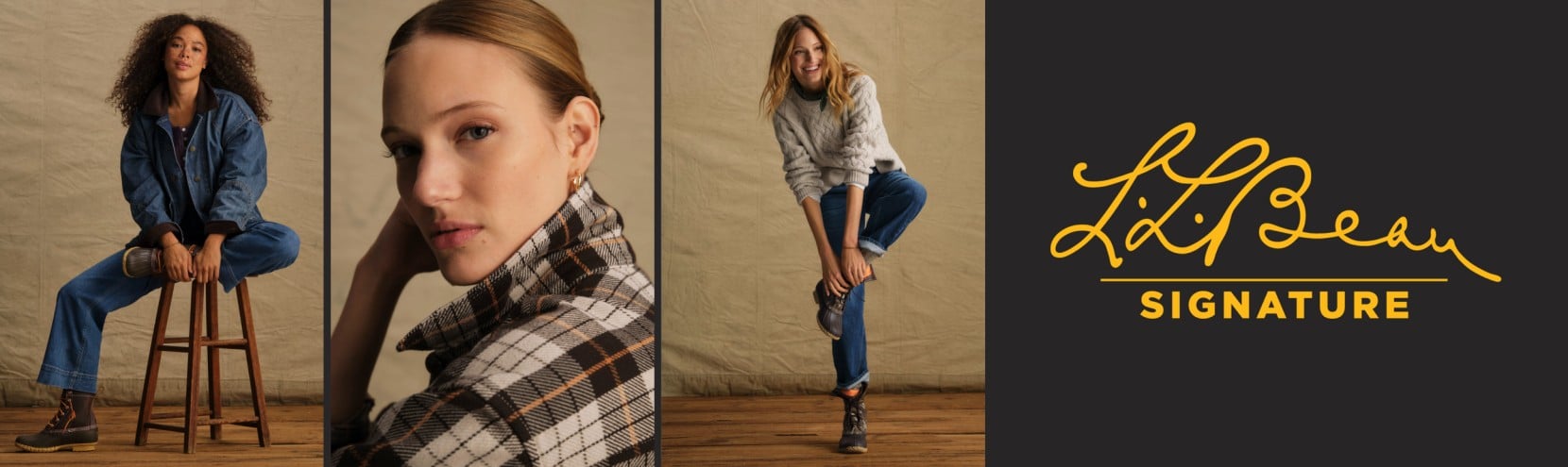 Fashion collage showing seated figures in layered flannel, clothing detail close-up, and casual portrait on a stool.