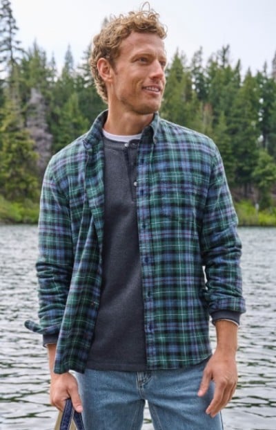 Man in plaid shirt stands by a lake with trees in the background, smiling and looking to the side.