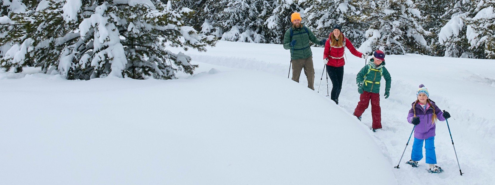 A family of four snowshoeing on a snowy mountain trail surrounded by pine trees, with snow-covered peaks in the distance.