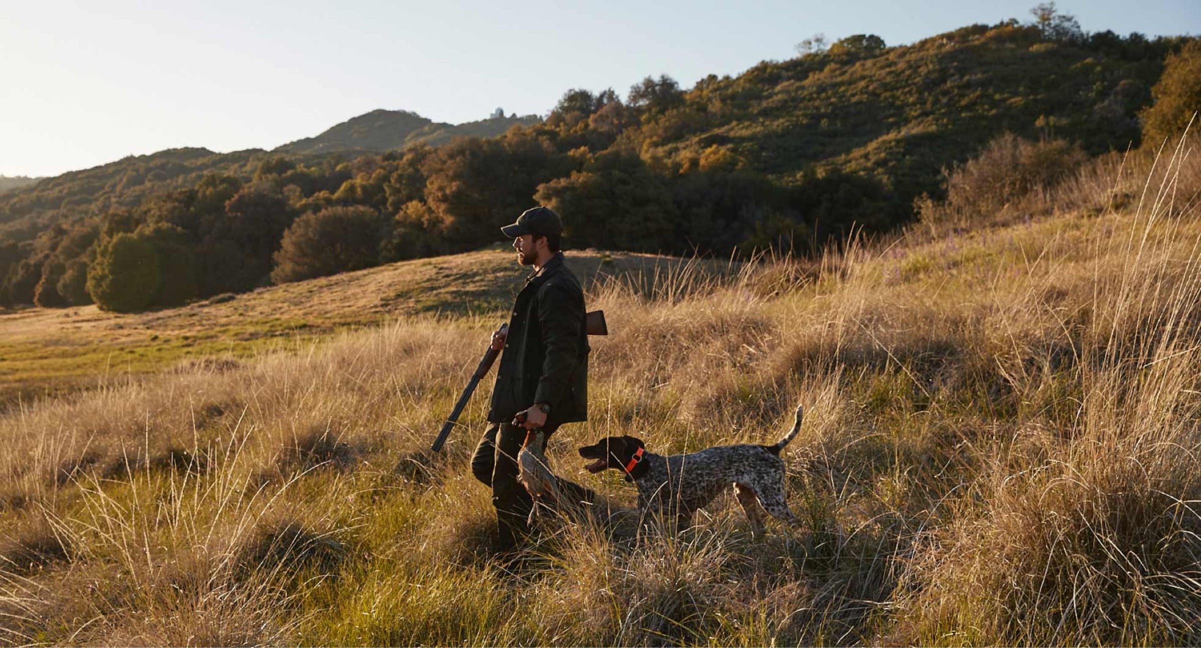Hunter walking through pasture with dog.