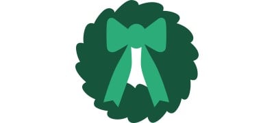 Whimsical illustration of a green wreath and light green bow.