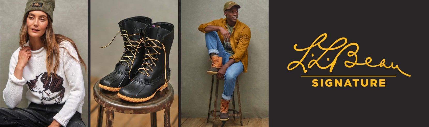 Studio Images of people wearing caps and L. L. Bean clothing, a pair of black Bean Boots on a stool, and the Signature logo.