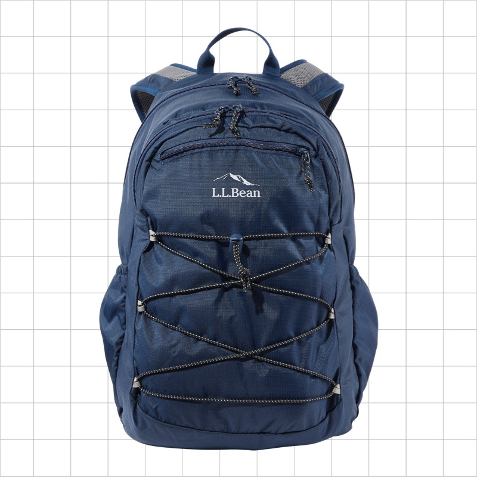 A navy blue school backpack with a criss-cross cord strap on the front.