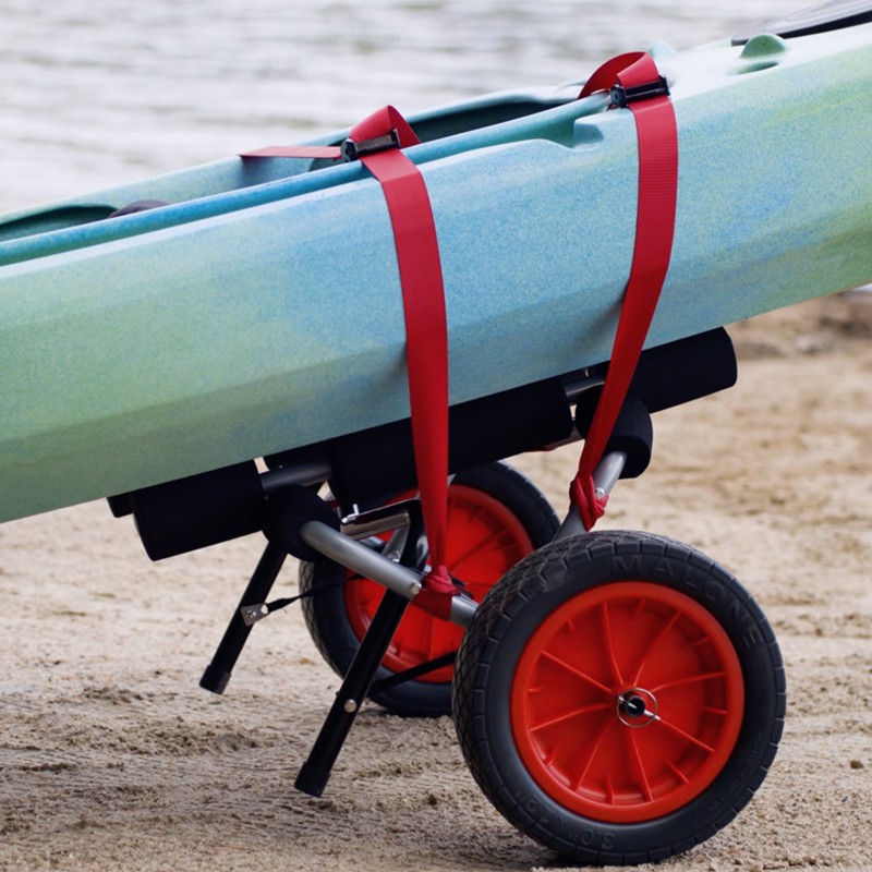 Close-up of the mis-section of a kayak attached to a boat cart.