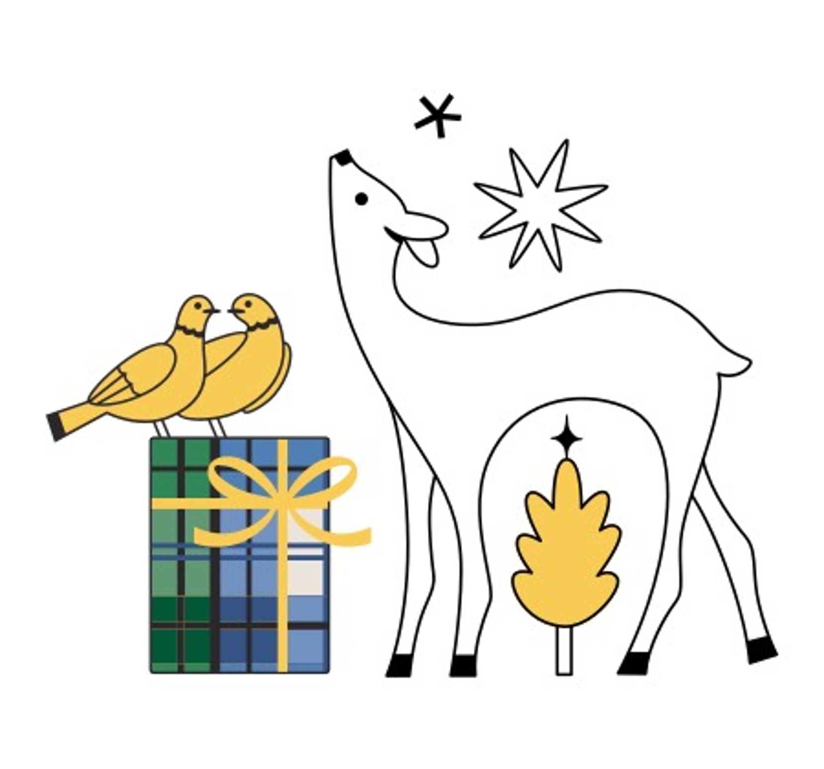 Holiday graphic with a deer, gift and two birds.