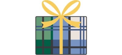 Gift box with green, blue, and cream plaid pattern, tied with a large yellow bow.