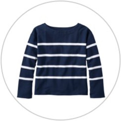 A navy blue and white striped shirt inside a light gray circle.