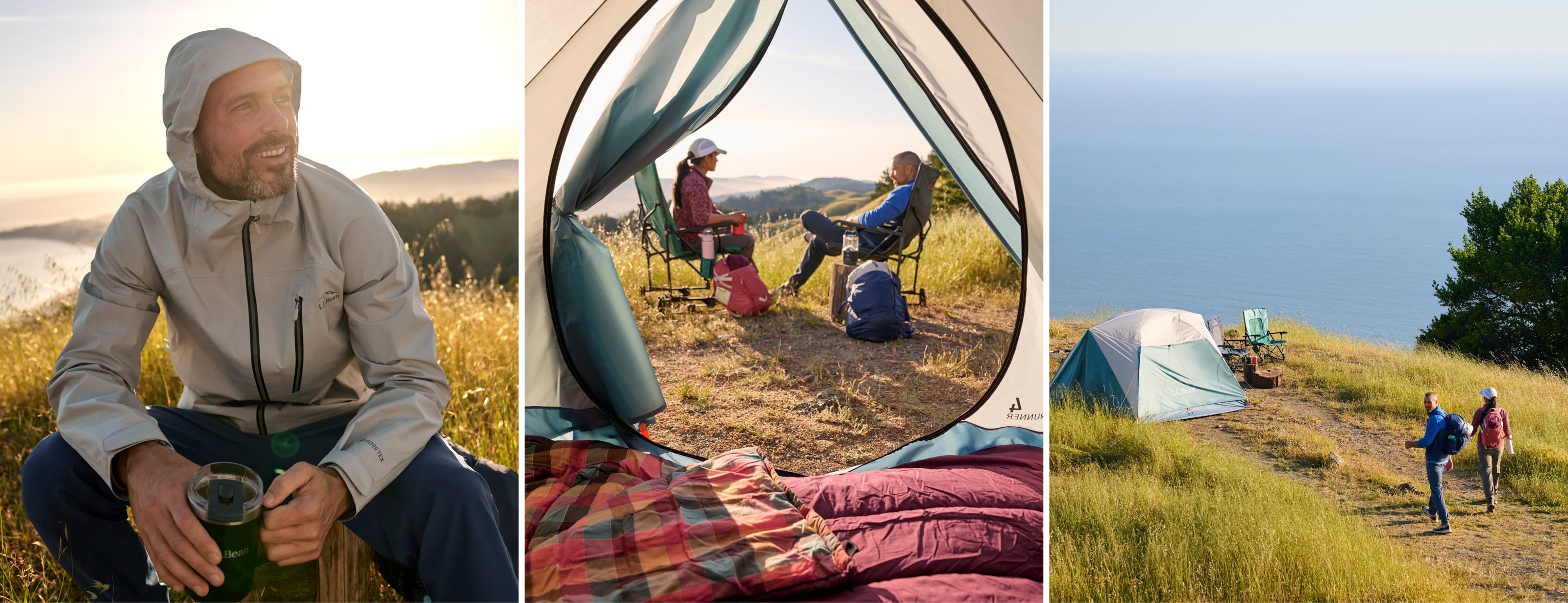 Outdoor camping scenes including a tent, seated campers and sunny field views.