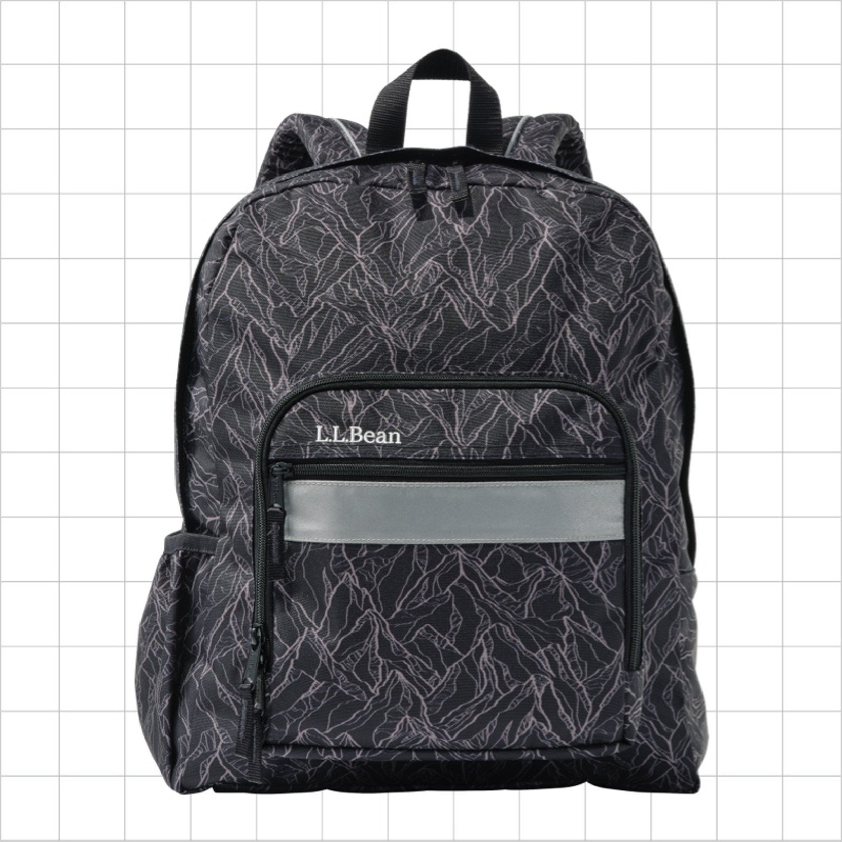 A black school backpack with abstract print and a reflective strip on the front pocket.