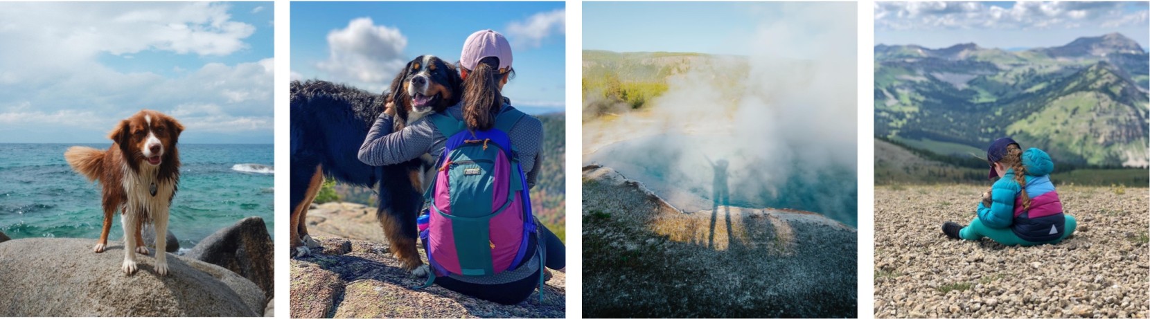 2 images of people and pets and 2 images of people enjoying the outdoors.