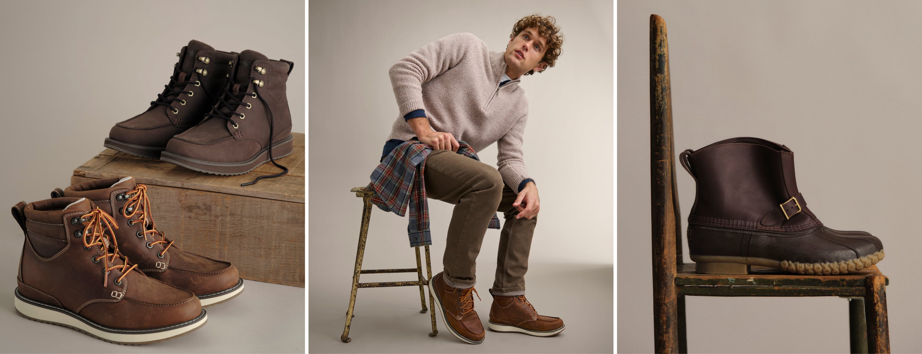 Studio images of different styles of brown leather boots and seated model.