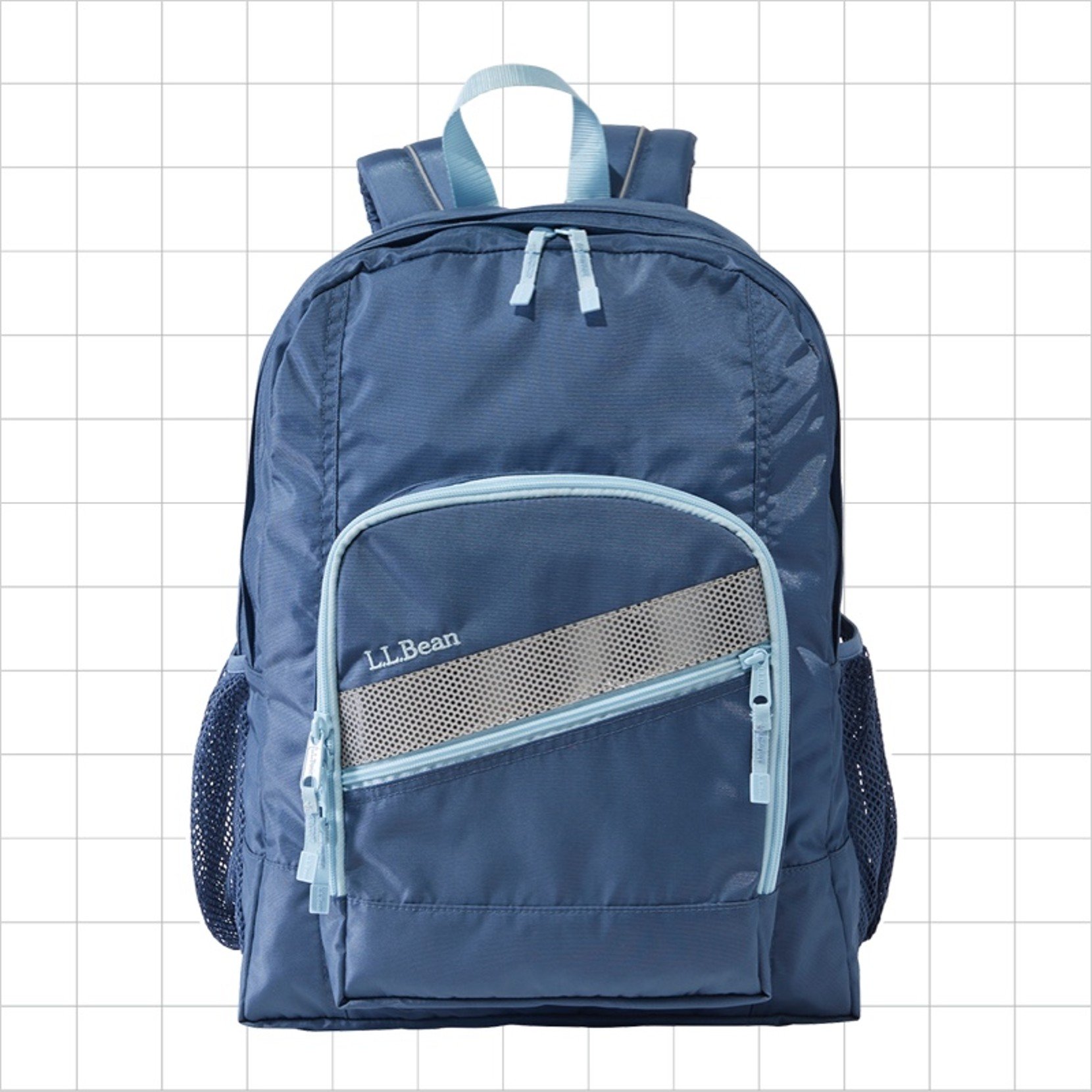 A bue school backpack with a diagonal reflective strip on the front pocket.