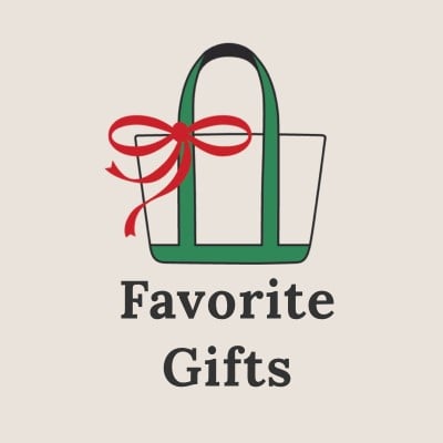 Illustration of a tote bag with green handles and a red bow above the words ‘Favorite Gifts'.