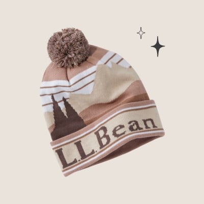 Tan knit beanie with mountain design, pom-pom, and L.L.Bean logo.