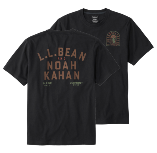 Short sleeve black tee shirt with printed text "L. L. Bean & Noah Kahan".