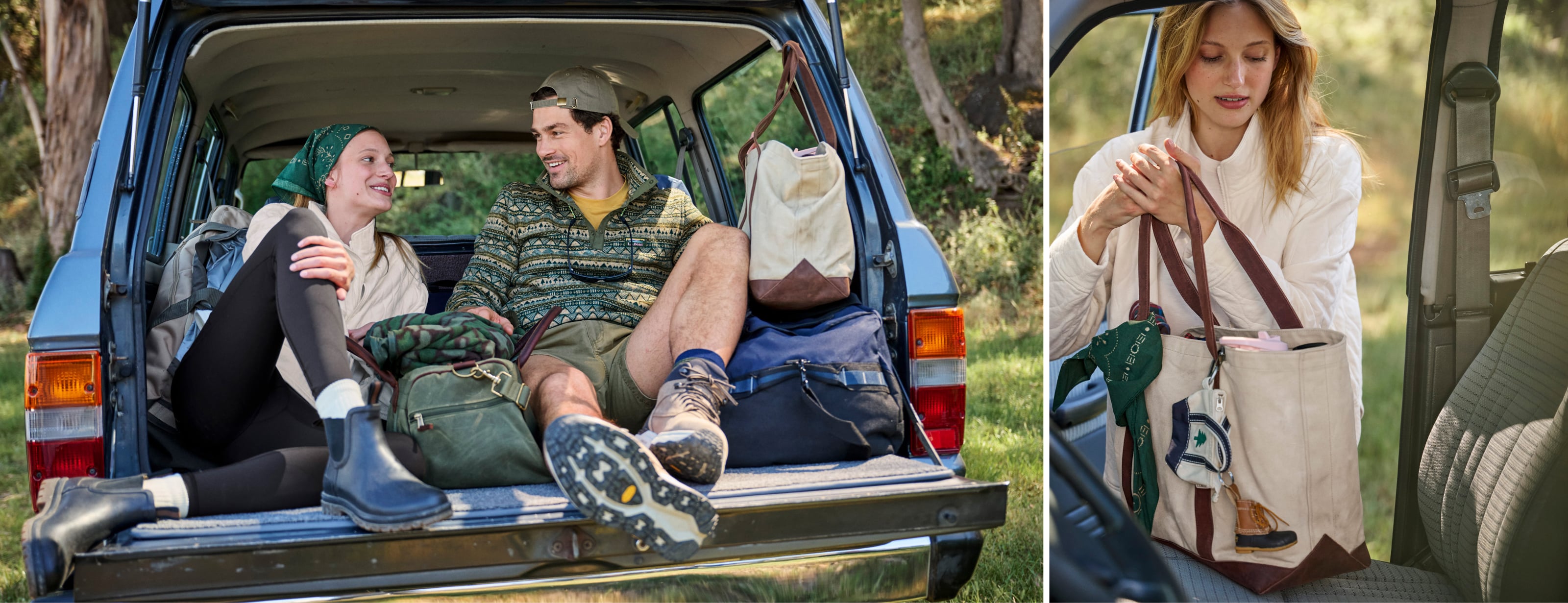 Two lifestyle portraits featuring two people sitting in the open tailgate of an SUV.