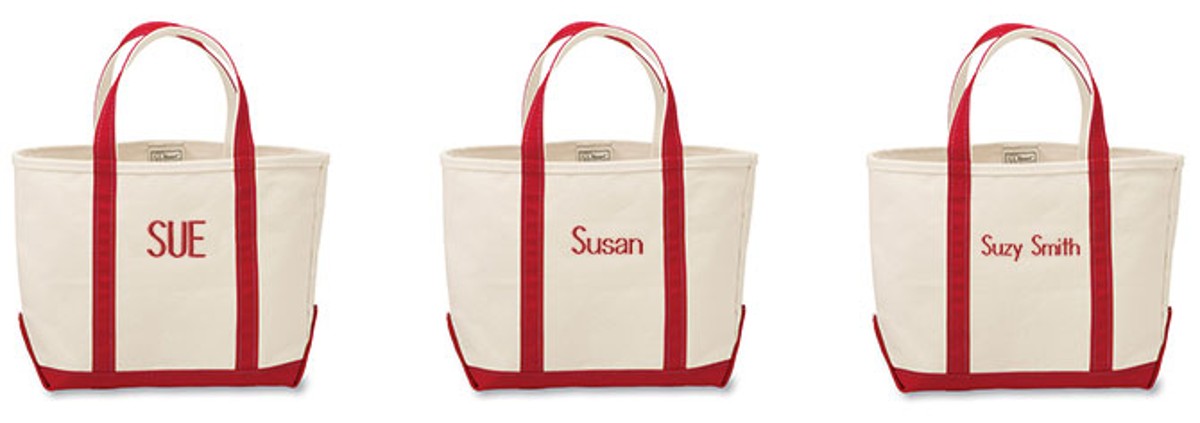 Image with examples of monograms on Boat and Tote bags.