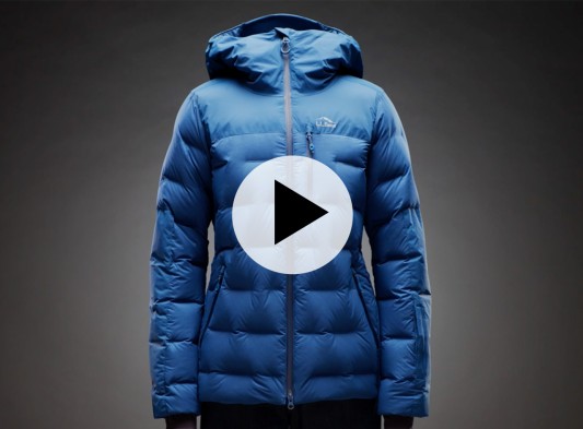 A Wind Challenger Stretch Down Jacket with a Play Video button in the center.