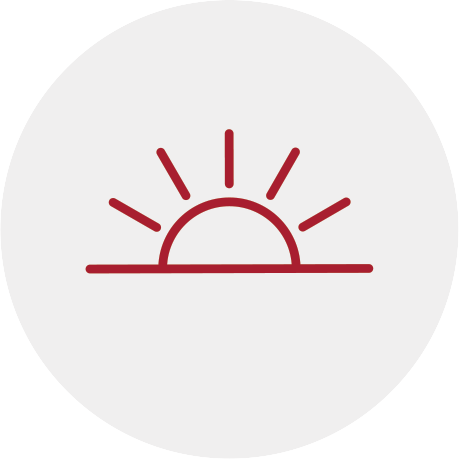 Red line illustration of the sun rising over the horizon