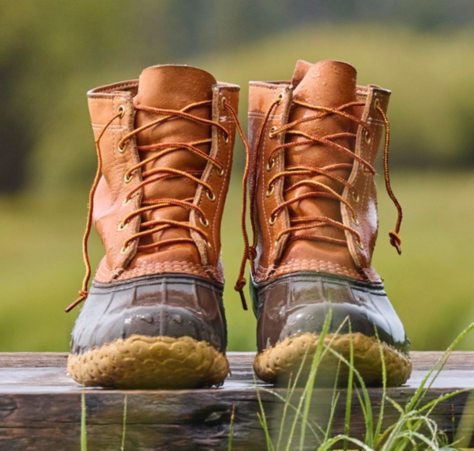 Brown leather duck boots standing on wet wooden planks outdoors.