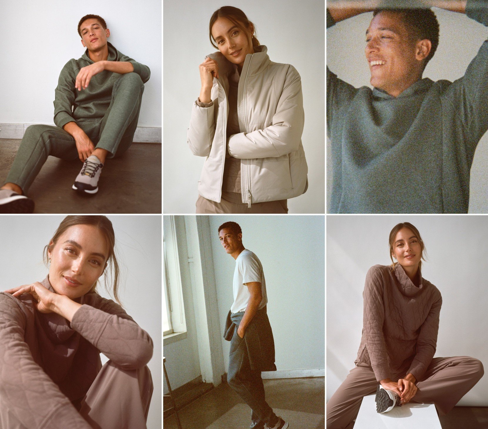 Collage of photos showing people in casual neutralâ€‘toned outfits, including jackets, sweaters, and lounge sets.