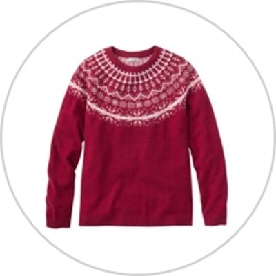 A red L L Bean fairisle sweater.