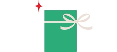 Whimsical illustration of a green wrapped present with a white bow.