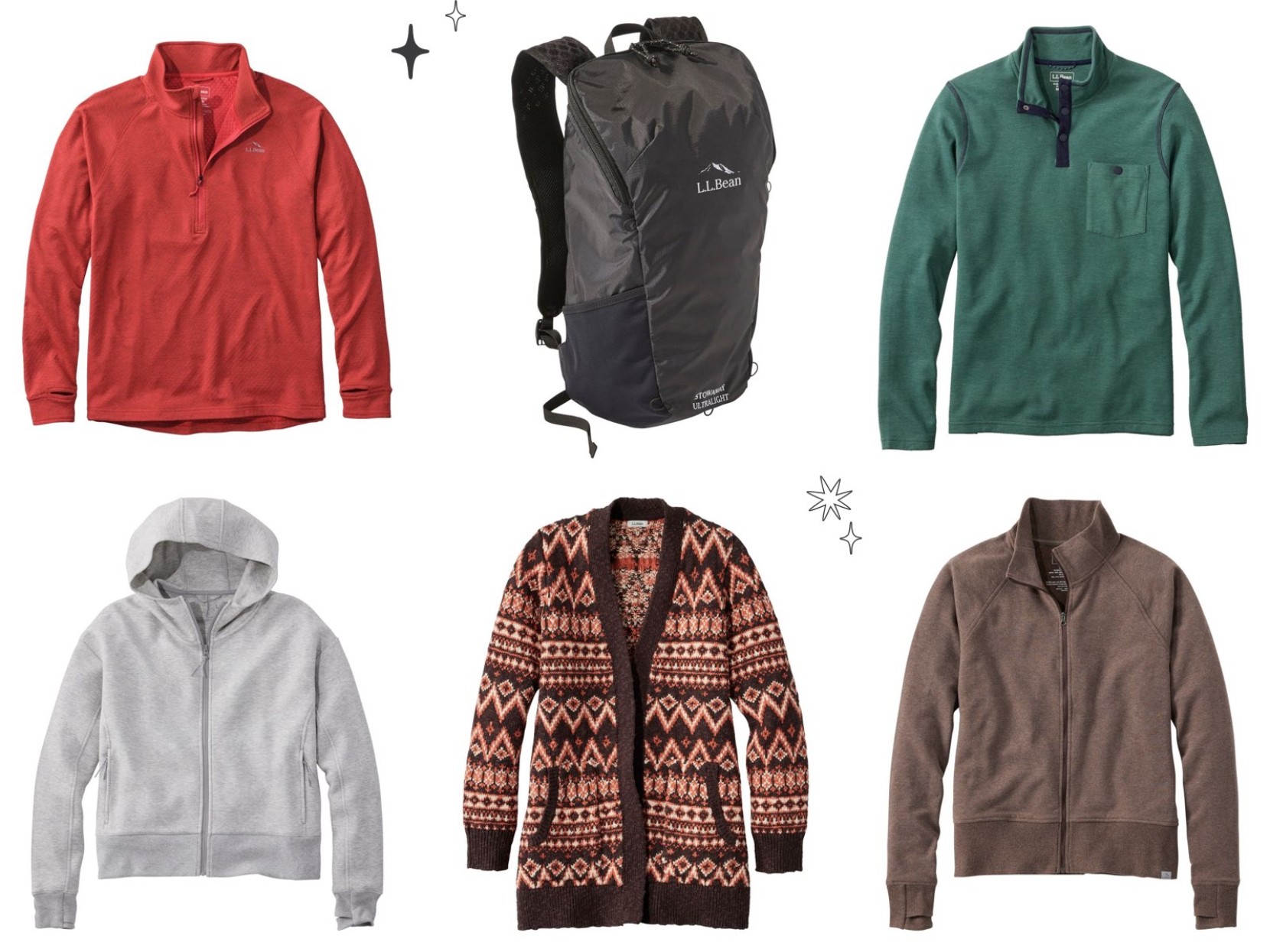 Six clothing items and a black backpack arranged in two rows, including pullovers, hoodie, and patterned cardigan.